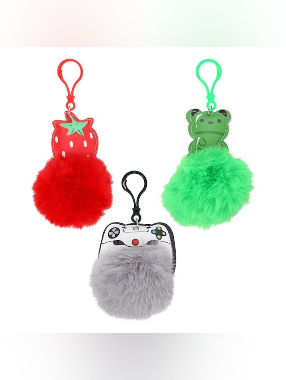 Fuzzy Pom Keychain  -  Choose 1 Red Strawberry, Green Bear, Gray Game Controller